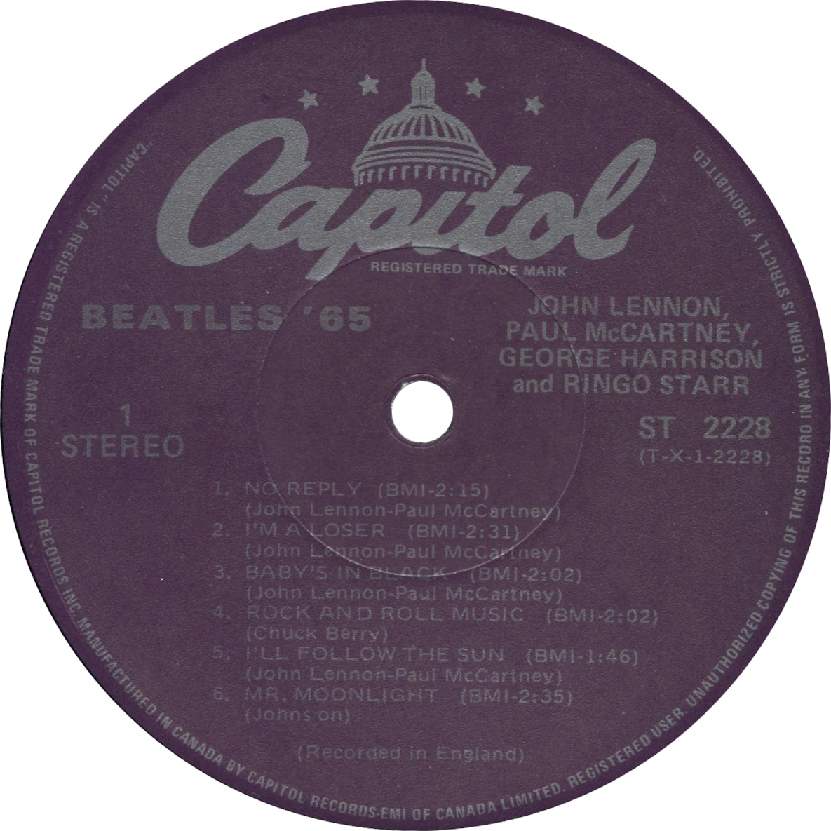Beatles'65, LP.2228.10.1, side 1 label