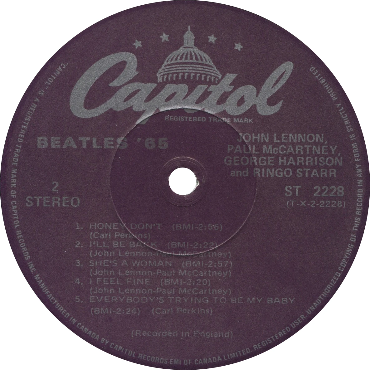 Beatles'65, LP.2228.10.1, side 2 label