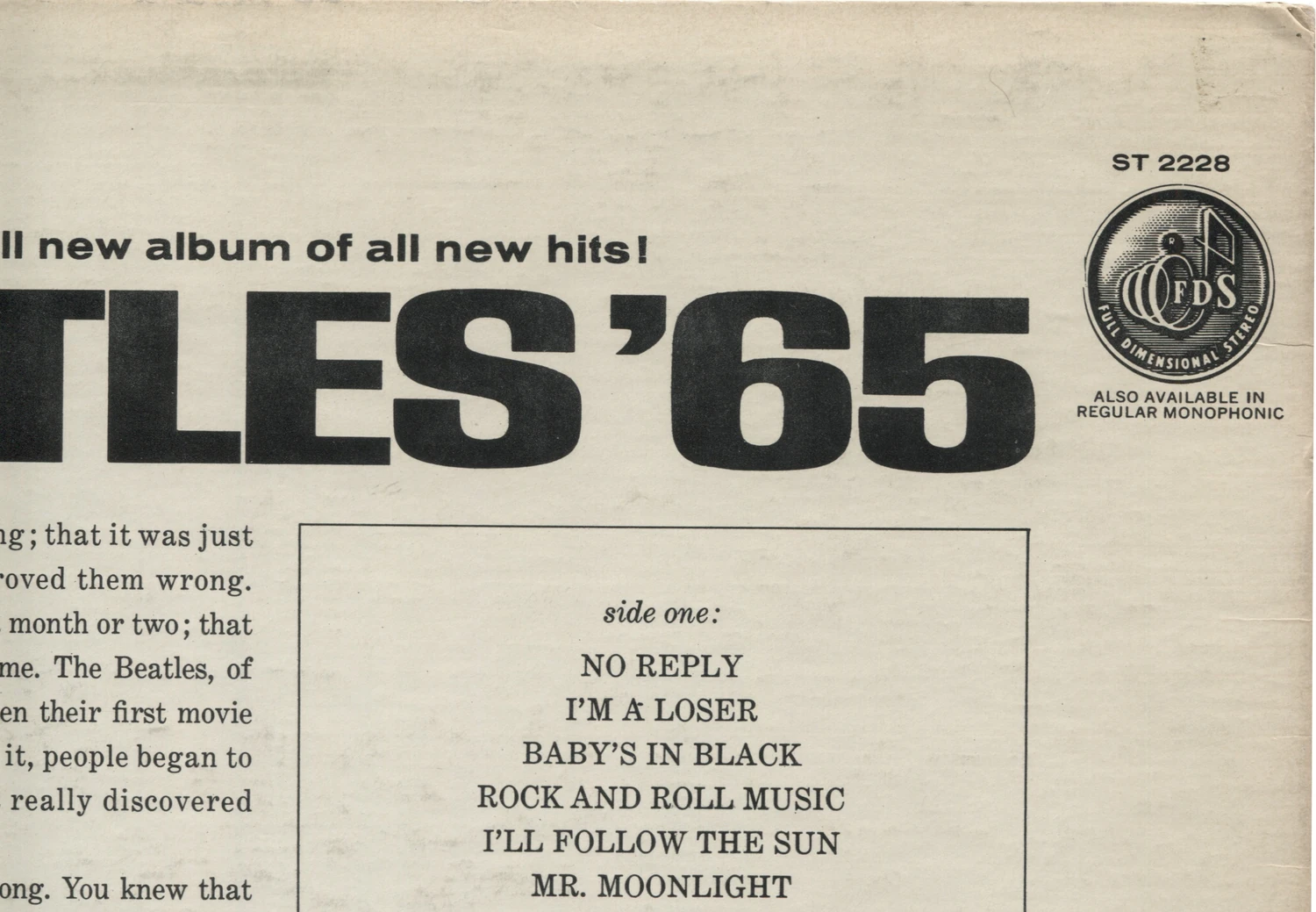 Beatles'65, LP.2228.1.3, back cover detail, Also Available in Regular Monophonic notice