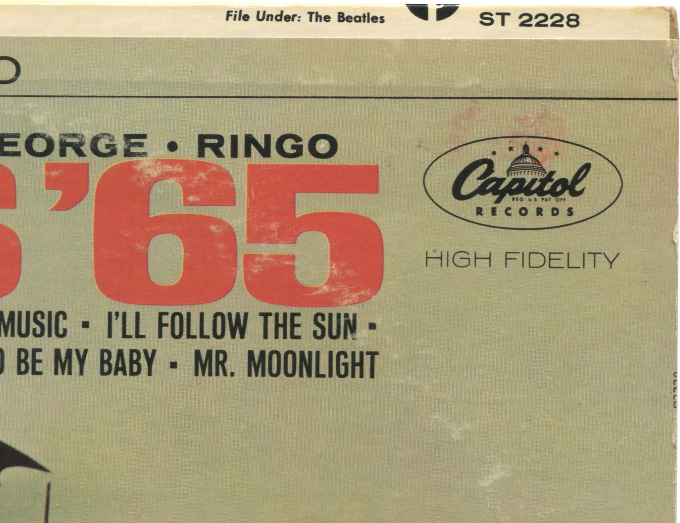 Beatles'65, LP.2228.4.1, front cover detail, File Under line and sideways catalogue number