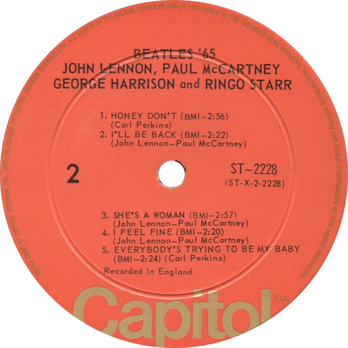 Beatles'65, LP.2228.6.1, side 2 label