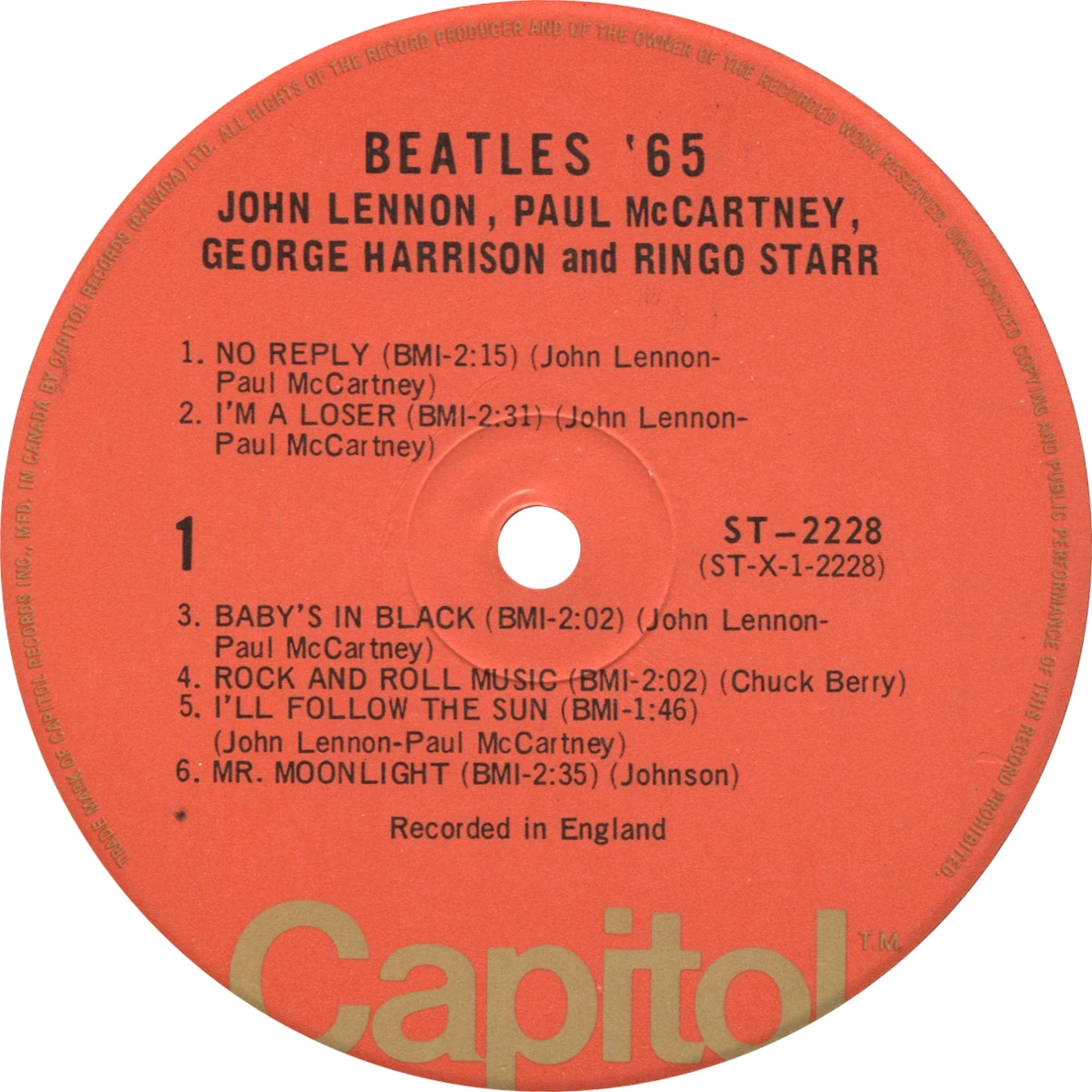 Beatles'65, LP.2228.6.2, side 1 label
