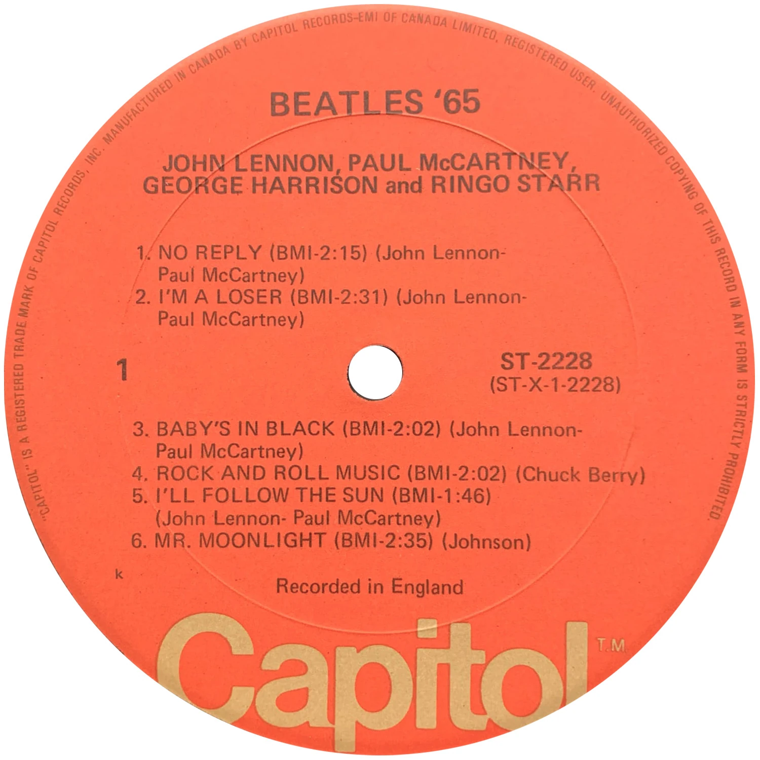 Beatles'65, LP.2228.7.1, side 1 label