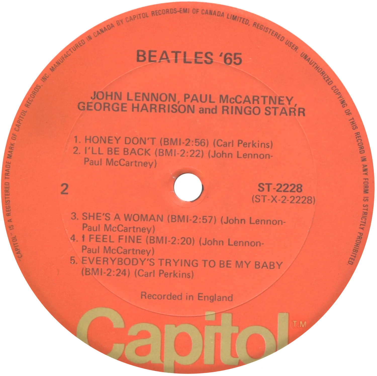 Beatles'65, LP.2228.7.1, side 2 label