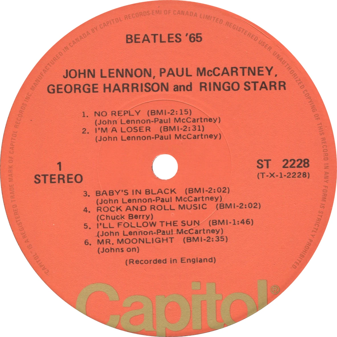 Beatles'65, LP.2228.8.1, side 1 label