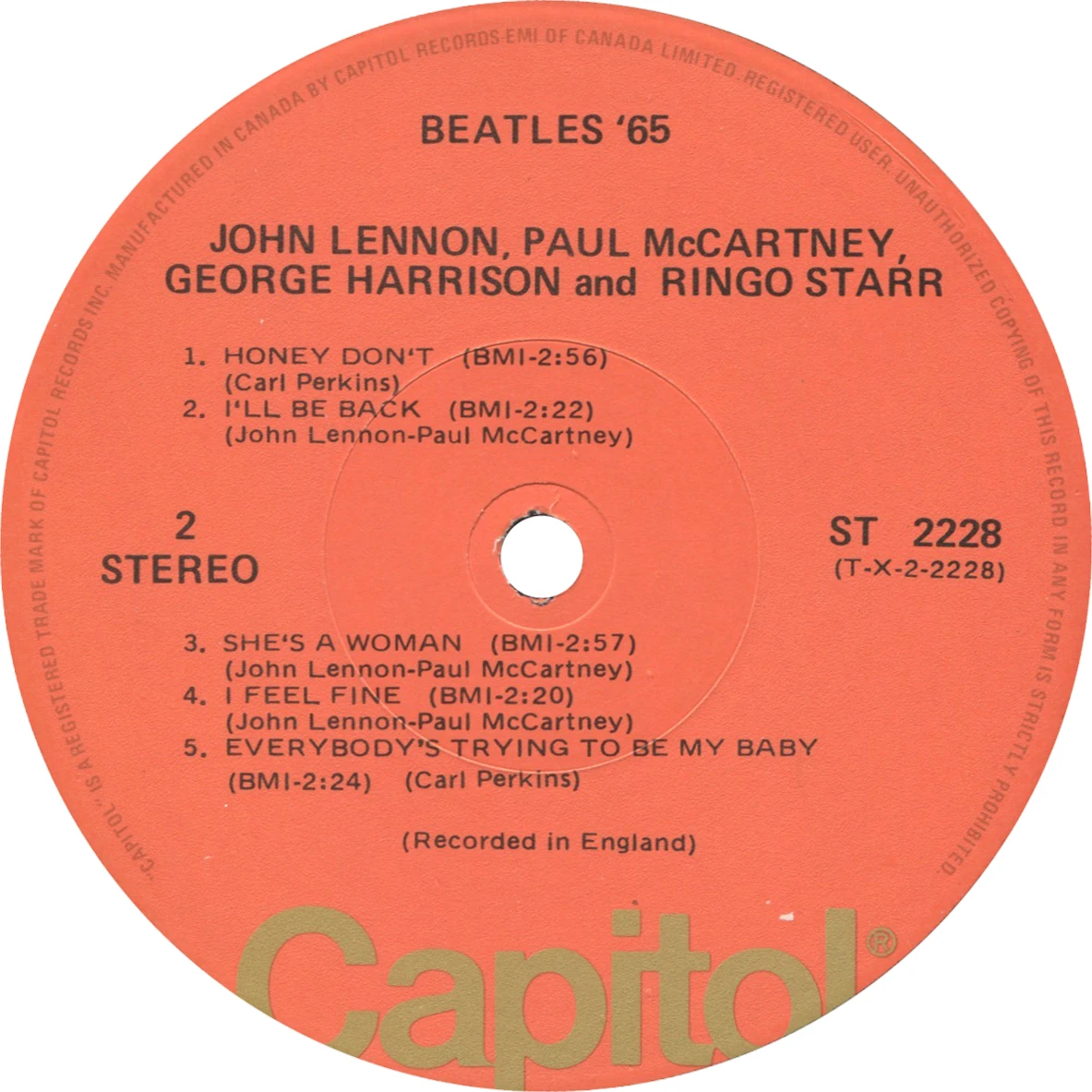 Beatles'65, LP.2228.8.1, side 2 label