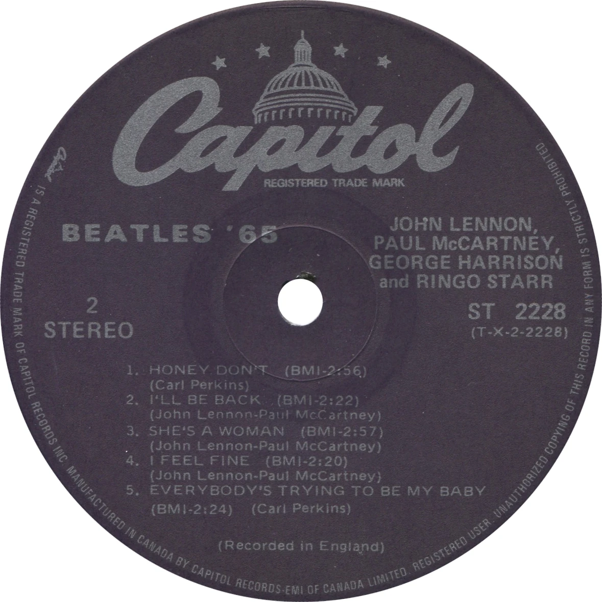 Beatles'65, LP.2228.9.1, side 2 label